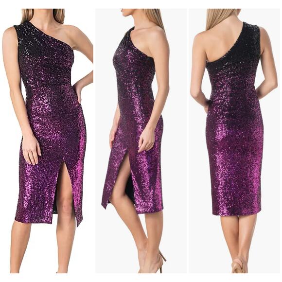 Dress The Population NWT Palmer One Shoulder Sequin Midi Bodycon Dress Size L - Picture 1 of 8